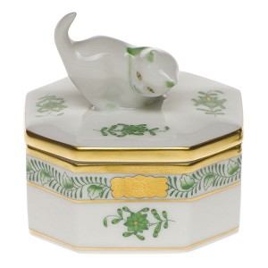 Herend "Octagonal Cat Box" Chinese Bouquet Green 