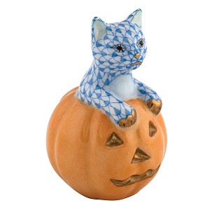 Herend "Jack O Lantern Kitty" Blue 